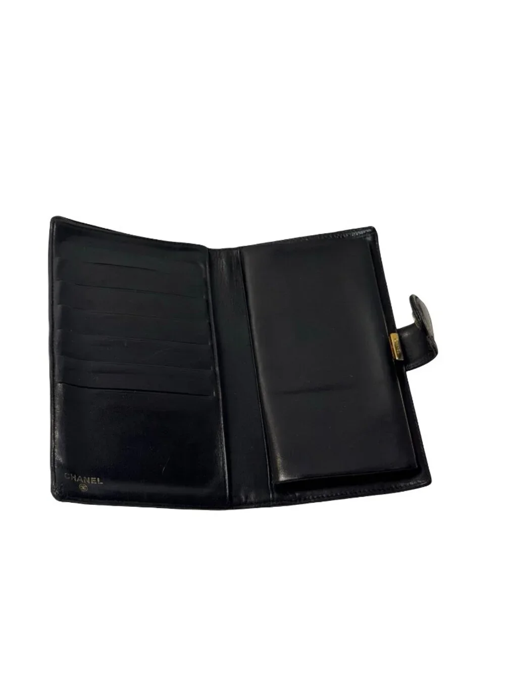 Chanel Vintage Timeless CC Caviar Leather Long Wallet Black Kisslock